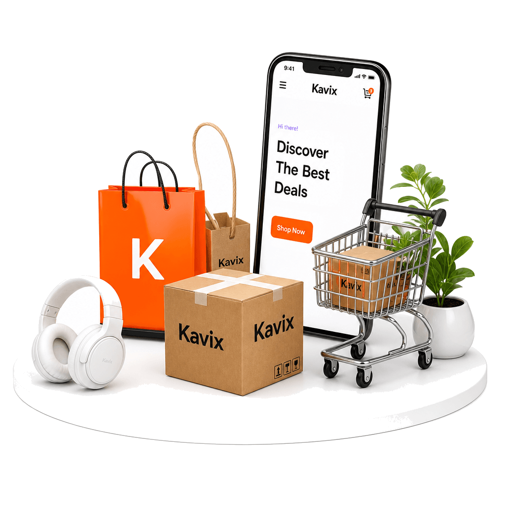 Kavix mobile shopping with bags, a shipping box, headphones, and a mini cart