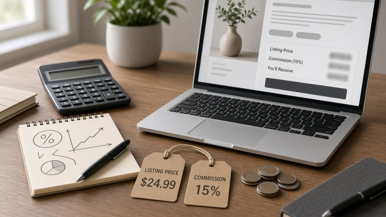 Calculator, price tags, and a laptop used to set listing prices