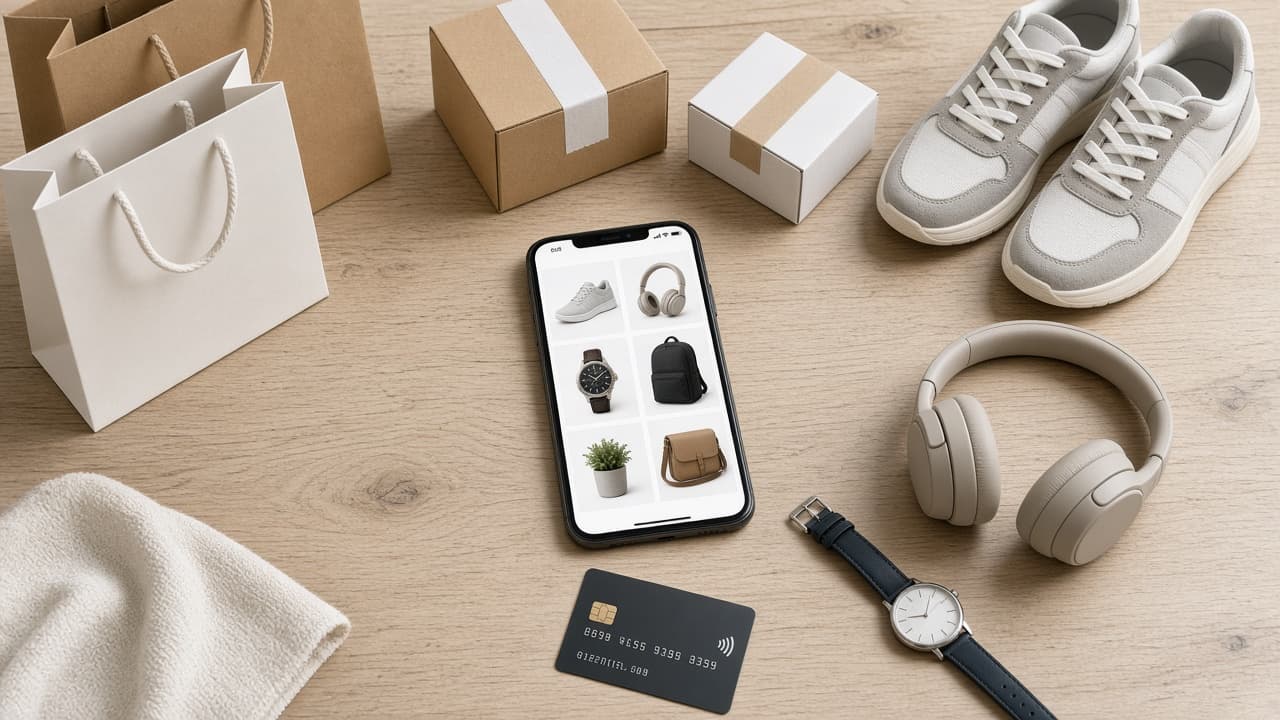 Shopping bags, products, and a phone showing an online catalog